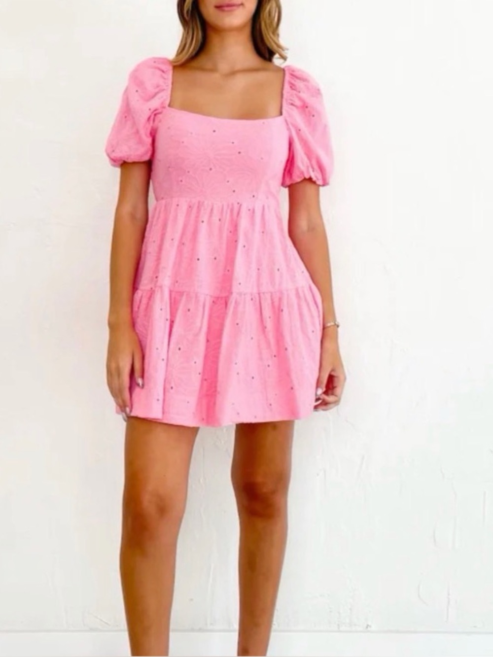 Pink Puff Sleeve Tiered Mini Dress